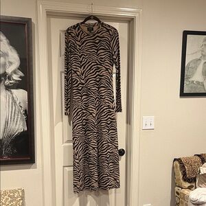 Bardot Long Sleeve Zebra-Print Midi Dress in Beige and Black